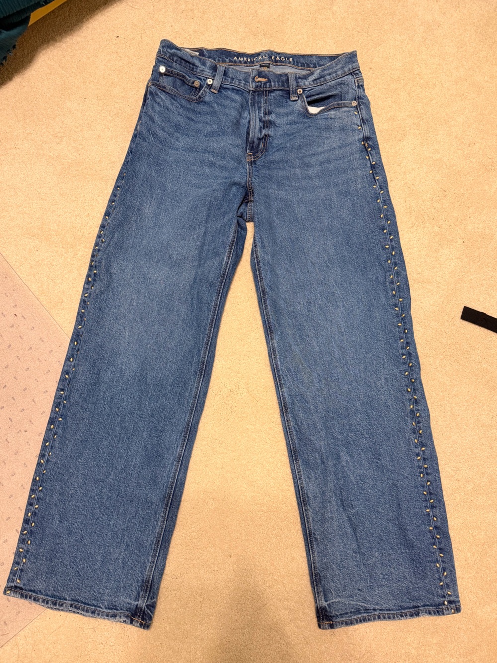 American Eagle Outfitters Blue Straight-Leg Jeans with Stud Trim - 8 LONG